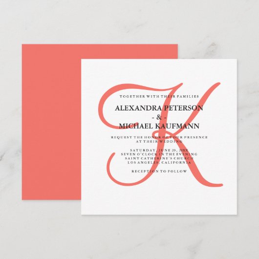 Klassieke Coral Monogram bruiloft Kaart (Voorkant / Achterkant)
