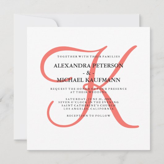 Klassieke Coral Monogram bruiloft Kaart (Voorkant)