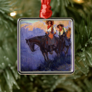 Klassieke Cowboys, Man en Vrouw op Paarden, Anders Metalen Ornament