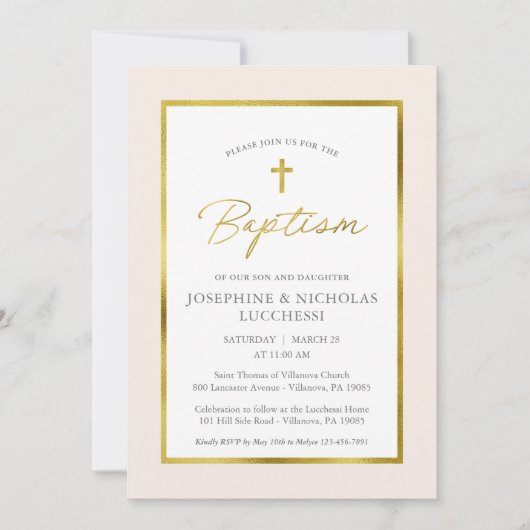Klassieke Cream en Gold Script Twins Baptism Invti Kaart (Voorkant)