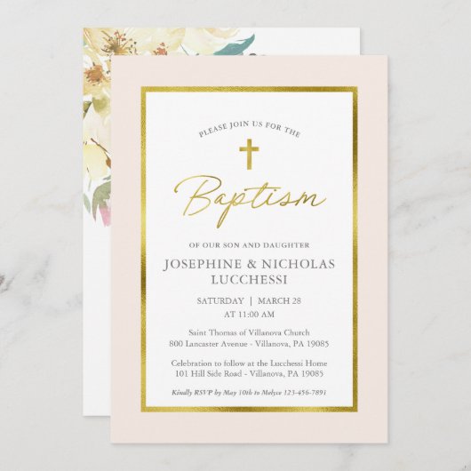 Klassieke Cream en Gold Script Twins Baptism Invti Kaart (Voorkant / Achterkant)