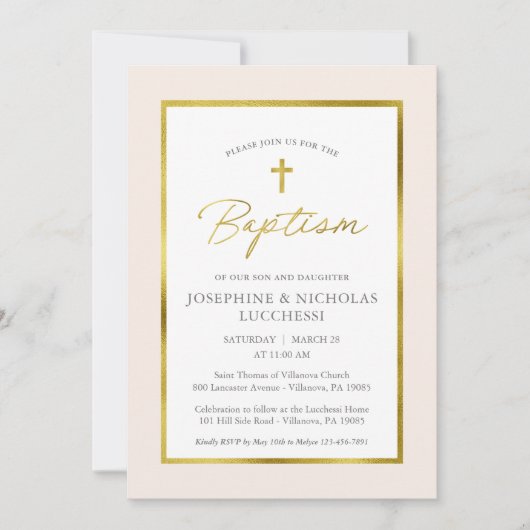 Klassieke Cream- en Gold Script Twins Baptisme Kaart (Voorkant)