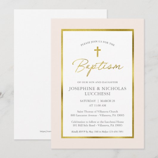 Klassieke Cream- en Gold Script Twins Baptisme Kaart (Voorkant / Achterkant)