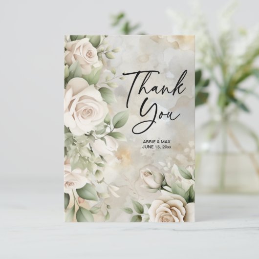 Klassieke Crème Bloemsalie Groene Bladeren Trouwen Bedankkaart (Staand voorkant)