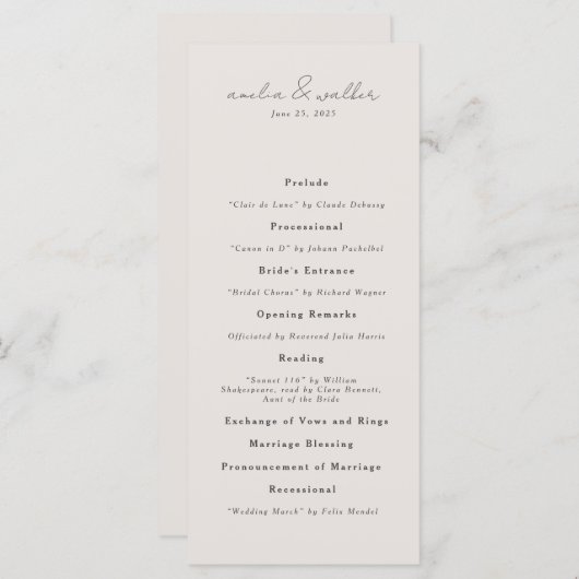 Klassieke crème en houtskool grijs bruiloft progra menu (Voorkant / Achterkant)