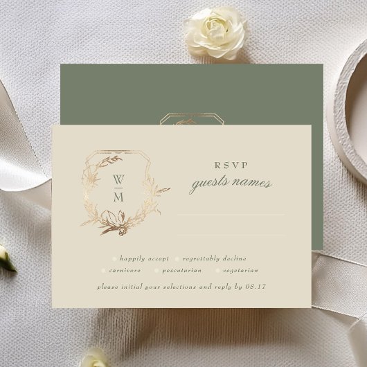 Klassieke Crème & Sage Monogram Gold Crest Bruilof RSVP Kaartje