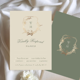 Klassieke Crème & Sage Monogram Goud Botanisch Mot RSVP Kaartje