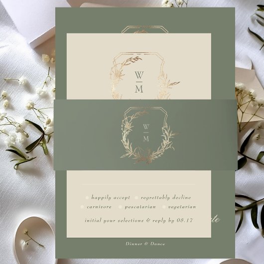 Klassieke Crème & Sage Monogram Gouden Crest Bruil Uitnodigingen Wikkel