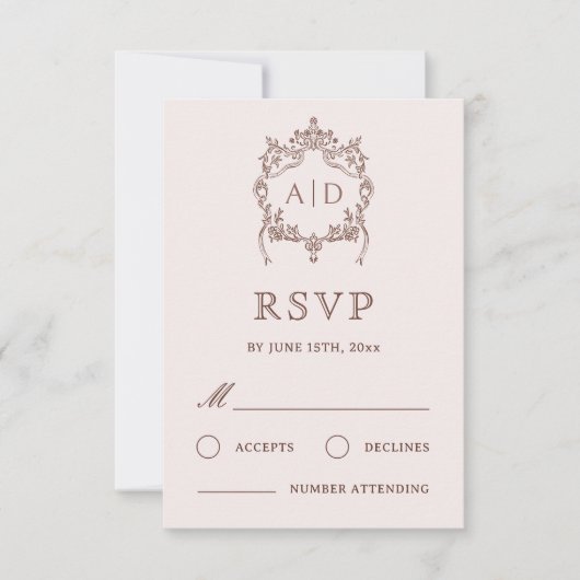 Klassieke  Crest bruiloft monogrammen RSVP kaart (Voorkant)
