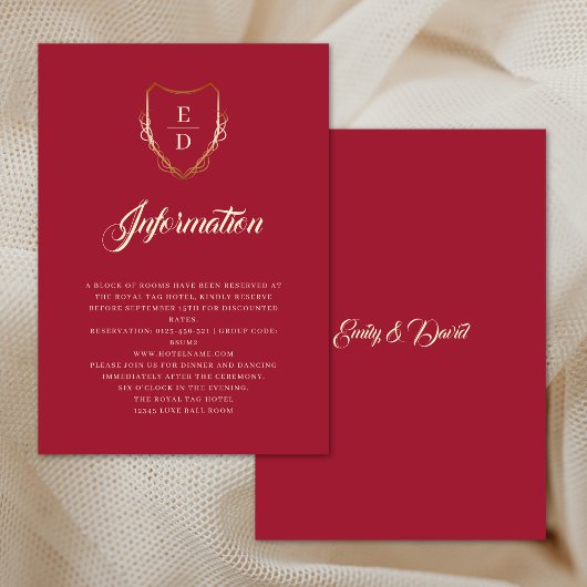 Klassieke Crimson Red Golden Monogram Luxe Informatiekaartje