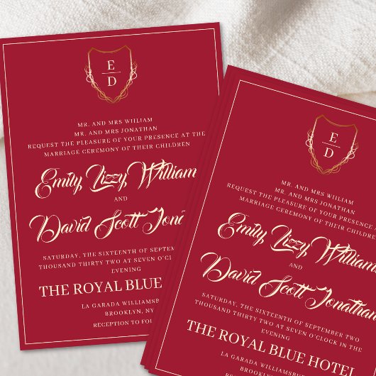 Klassieke Crimson Red Golden Monogram Whimsical Kaart