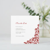 Klassieke Crimson Red Rose Lace Square Weddenschap Save The Date (Staand voorkant)