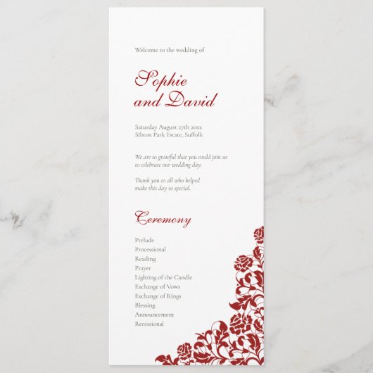 Klassieke Crimson Red Rose Wedding Programmakaart (Voorkant)
