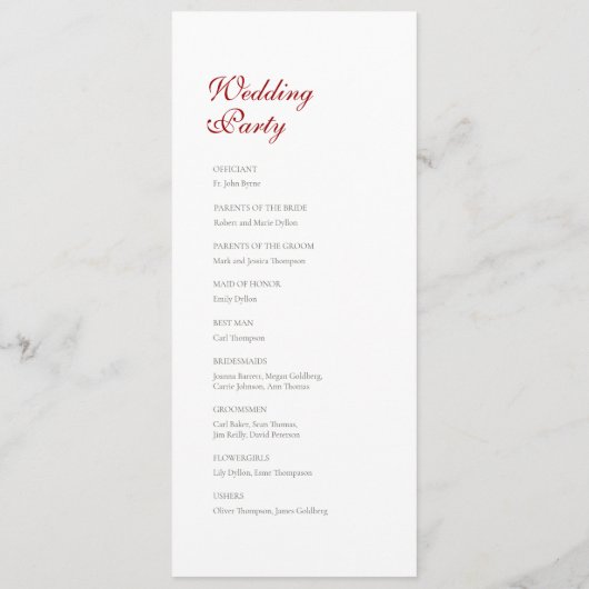 Klassieke Crimson Red Rose Wedding Programmakaart (Achterkant)