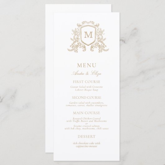 Klassieke Custom Floral Crest Monogram Huwelijk Menu (Voorkant / Achterkant)