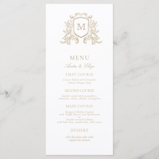 Klassieke Custom Floral Crest Monogram Huwelijk Menu (Voorkant)