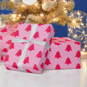 Klassieke Cute Hot Roze Kerstbomen op Roze Cadeaupapier