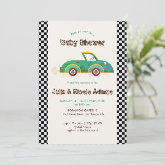 Klassieke Cute Little Car Racer Baby Shower Kaart (Staand voorkant)