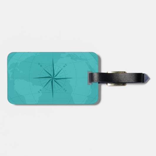Klassieke cyaan Wereldkaart met compass-Roos Bagagelabel (Achterkant horizontaal)