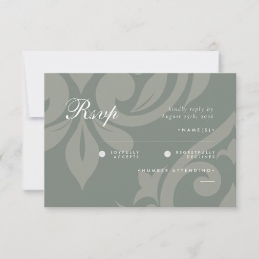 Klassieke Damask Aardse Olijf Foto Bruiloft RSVP (Voorkant)