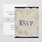 Klassieke Damask RSVP-kaarten, Navy Blue RSVP Kaartje (Voorkant / Achterkant)