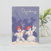 Klassieke dansende kerstsneeuwmannen in de sneeuw feestdagenkaart (Staand voorkant)