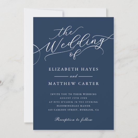 Klassieke Dark Navy Blue Script Wedding Kaart (Voorkant)