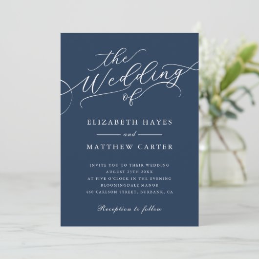 Klassieke Dark Navy Blue Script Wedding Kaart (Staand voorkant)
