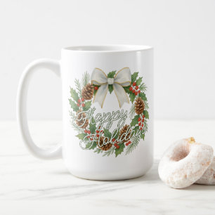 Klassieke decemberkrans met witte strik vakantie koffiemok