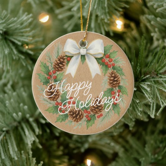 Klassieke decemberkrans met witte strik waterverf keramisch ornament (Boom)