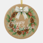 Klassieke decemberkrans met witte strik waterverf keramisch ornament (Voorkant)
