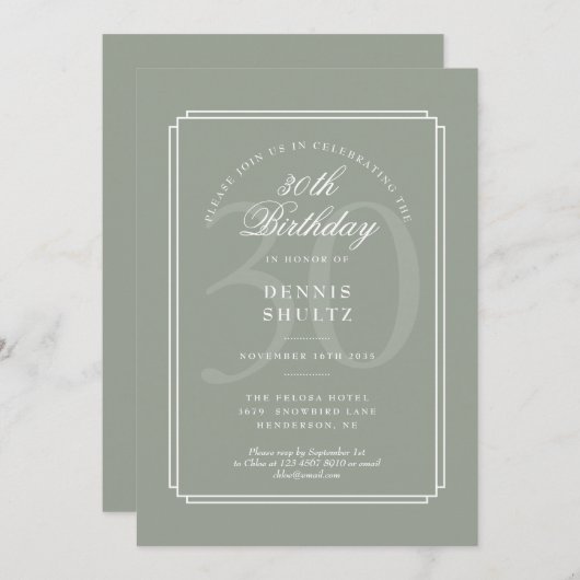 Klassieke Deco | Sage en Witte 30e Verjaardag Kaart (Voorkant / Achterkant)