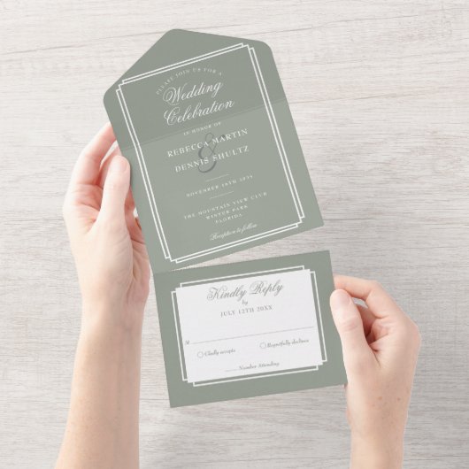 Klassieke Deco Sage Groene Monogram Bruiloft All In One Uitnodiging (Afscheurbaar)