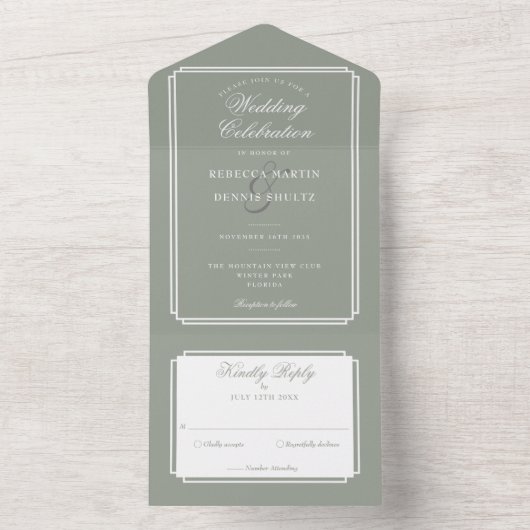 Klassieke Deco Sage Groene Monogram Bruiloft All In One Uitnodiging (Binnen)