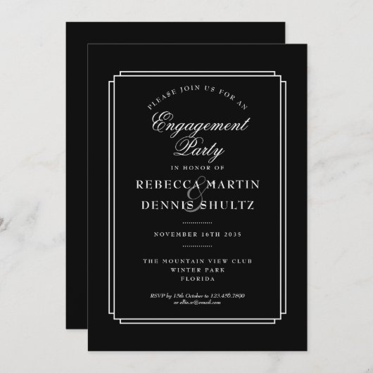Klassieke Deco | Zwart-wit verlovingsfeest Kaart (Voorkant / Achterkant)