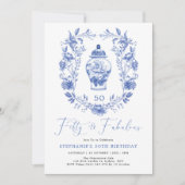 Klassieke Delft Blue Floral Ginger Jar 50th Birthd Kaart (Voorkant)