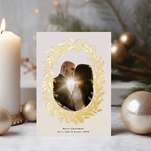 Klassieke dennen lijsten krans Kerstmis foto Goud Folie Feestdagenkaart