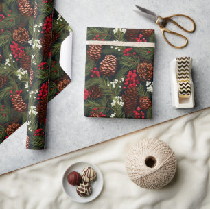 Klassieke dennenappeltakken Berries Xmas Patroon Cadeaupapier