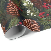 Klassieke dennenappeltakken Berries Xmas Patroon Cadeaupapier (Rol Hoek)
