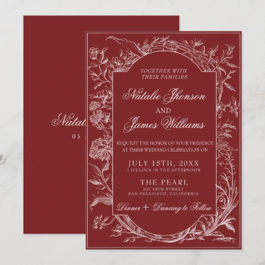 Klassieke Dieprode Bloemige Boho Botanische Trouwd Kaart (Voorkant / Achterkant)