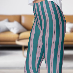 Klassieke Donker Blauwgroen en Roze Strip Patroon  Leggings
