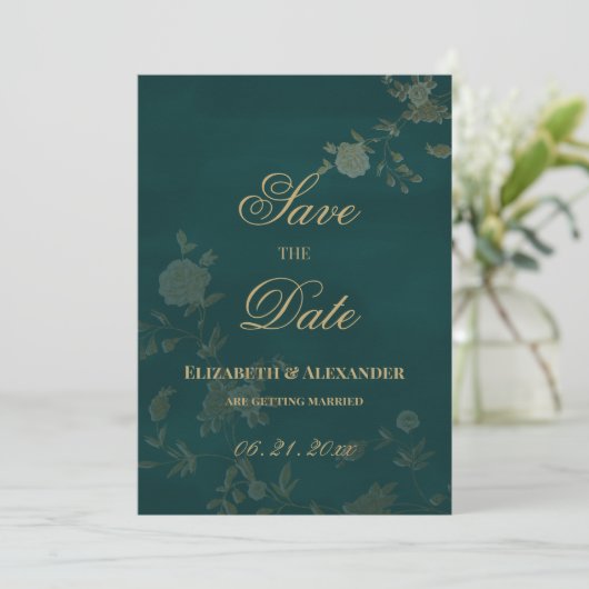 Klassieke donkergroene blush gouden bloem Save the Kaart (Staand voorkant)