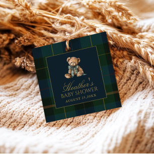 Klassieke donkergroene en blauwe ruit baby shower bedankjes labels