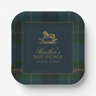 Klassieke donkergroene en blauwe ruit baby shower papieren bordje