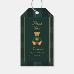 Klassieke donkergroene geruite beer baby shower ca cadeaulabel