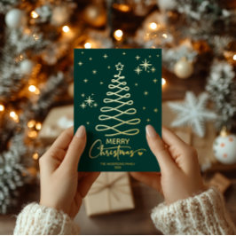 Klassieke donkergroene kerstboom met gouden linten folie feestdagenkaart