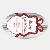Klassieke donkergroene strepen en rode strik Kerst Ovale Sticker (Voorkant)