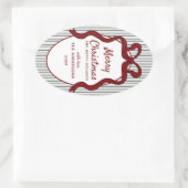 Klassieke donkergroene strepen en rode strik Kerst Ovale Sticker (Tas)