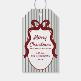 Klassieke donkergroene strepen en strikframe Kerst Cadeaulabel
