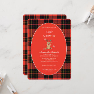 Klassieke donkerrode geruite babyshower uitnodigin kaart